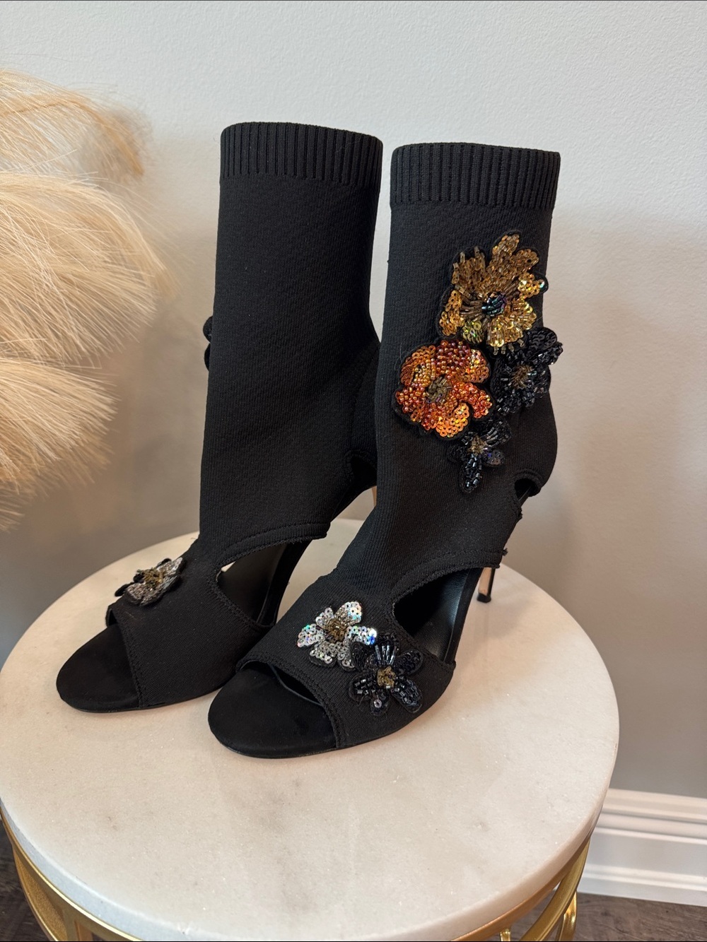 Zara Black Knit Peep-Toe Heels with Sequin Floral Appliqués